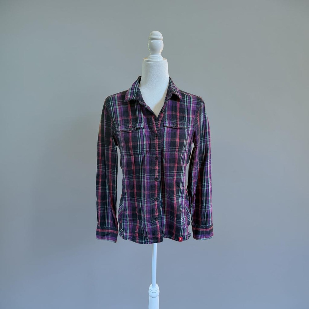 Eastern Mountain Sports Women's 100% Cotton Plaid Flannel Button Down Shirt EMS